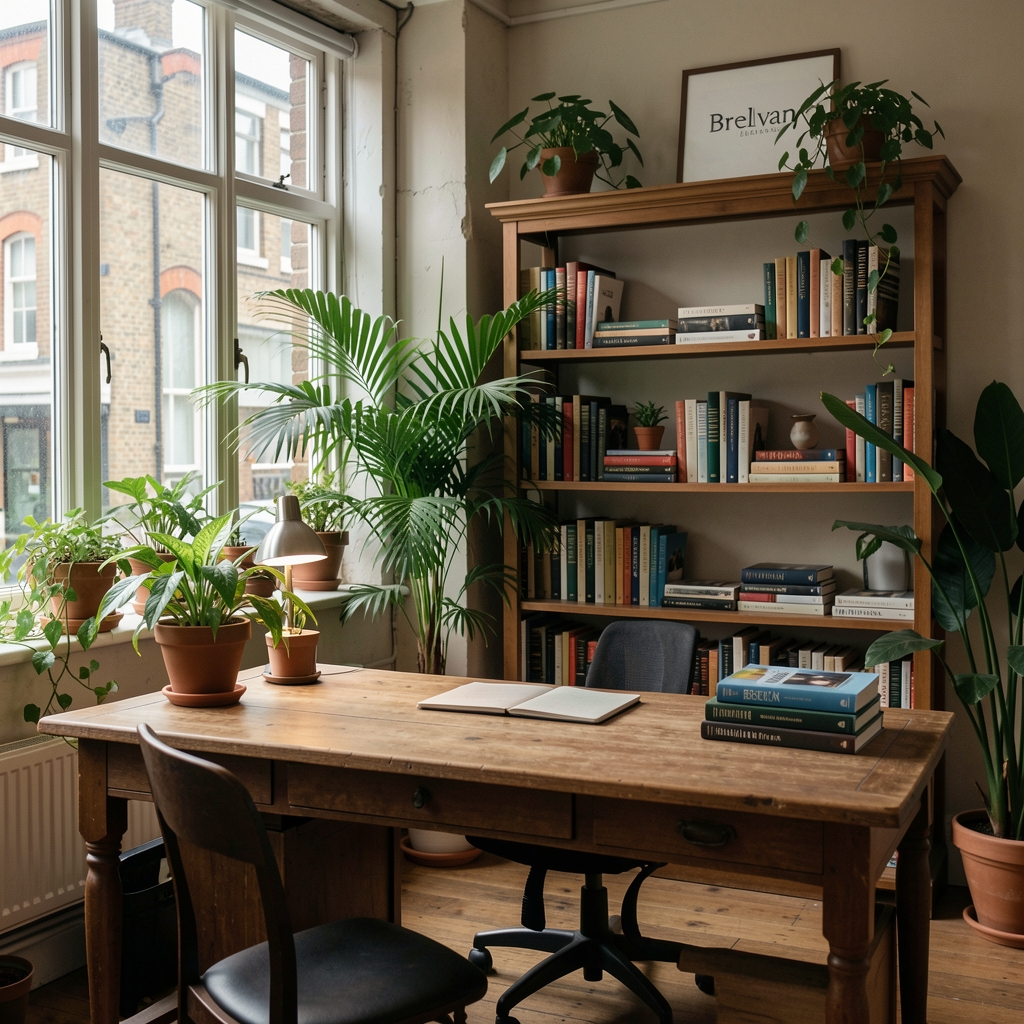 Quiet editorial studio in Liverpool with green plants, books and a wooden desk — Brelvan editorial