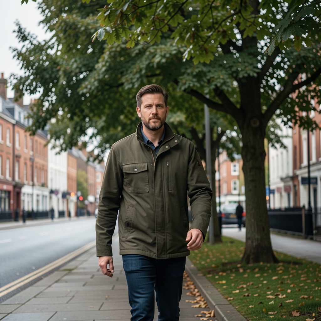 Man walking beside leafy trees on a cool Liverpool morning, wearing a simple jacket — Brelvan editorial