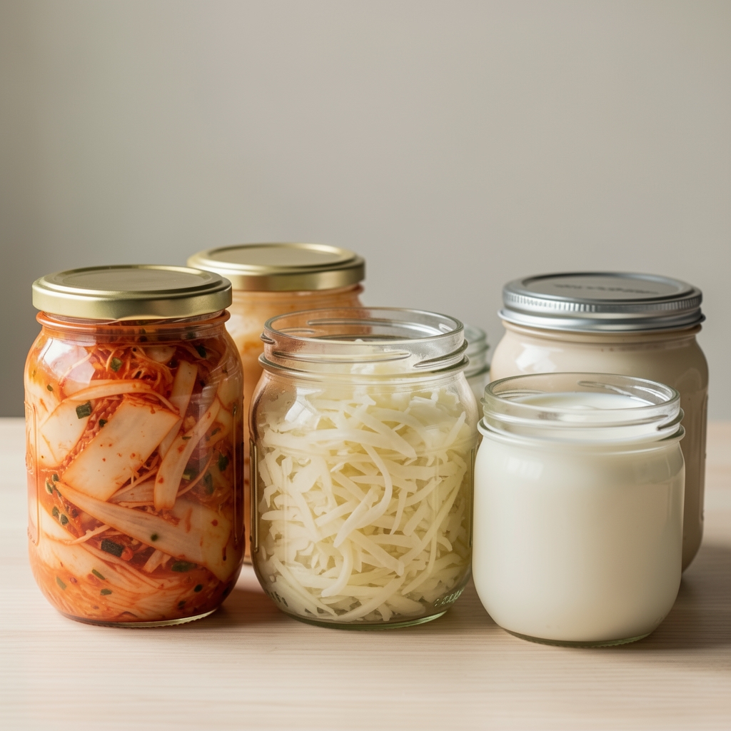 Assortment of fermented foods including kimchi, sauerkraut and yoghurt in glass jars — Brelvan editorial