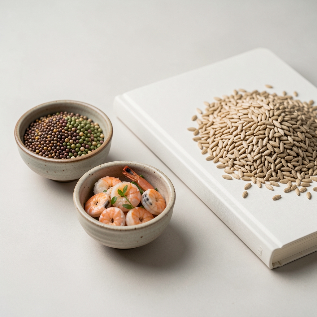 Small ceramic bowls of seeds, seafood and whole grains arranged beside a nutrition notebook — Brelvan editorial