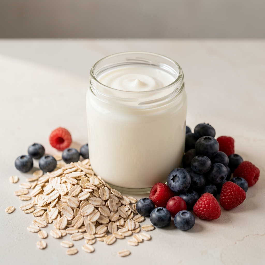 Natural yoghurt, kefir, oats and berries arranged for a probiotic research feature — Brelvan editorial