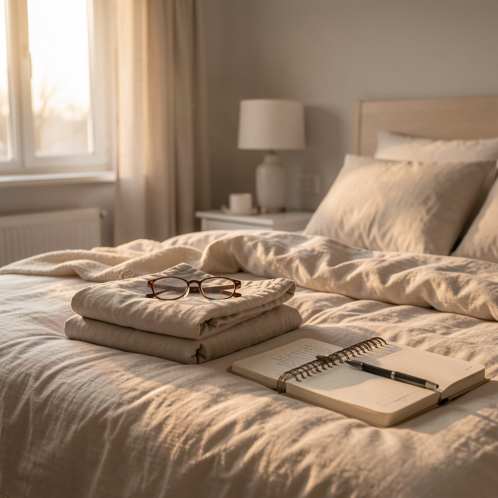 Quiet bedroom at dawn with folded linen, reading glasses and a sleep journal — Brelvan editorial