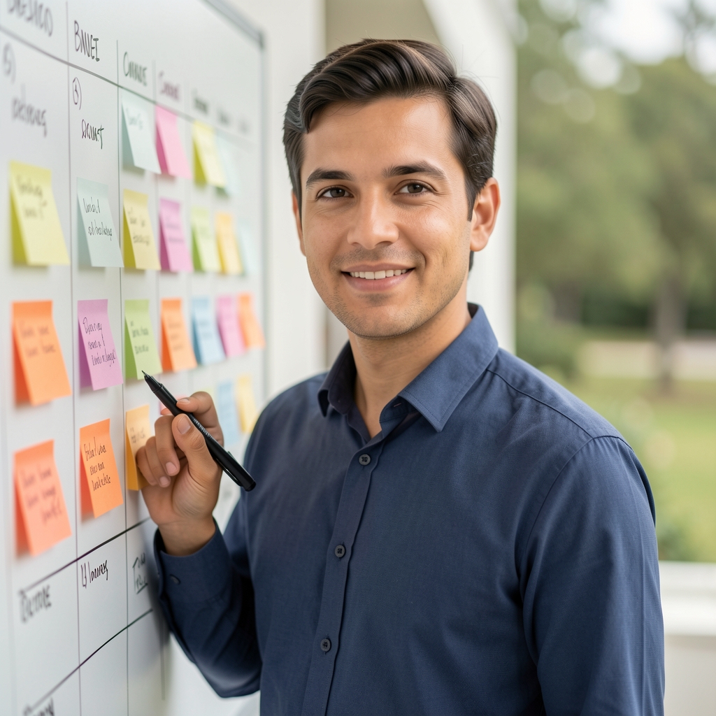Portrait of an editorial lead planning a content calendar with sticky notes on a wall — Brelvan editorial team