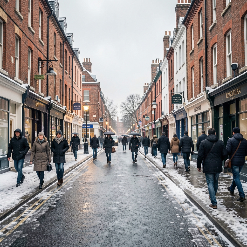 Overcast winter street in Liverpool with pedestrians in coats, illustrating reduced UK daylight in autumn and winter