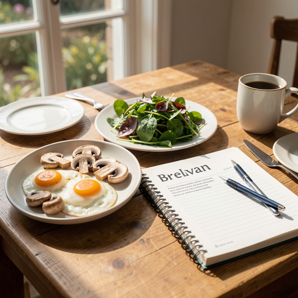 Sunlit breakfast table with eggs, mushrooms, leafy greens and a notebook about vitamin D research — Brelvan editorial