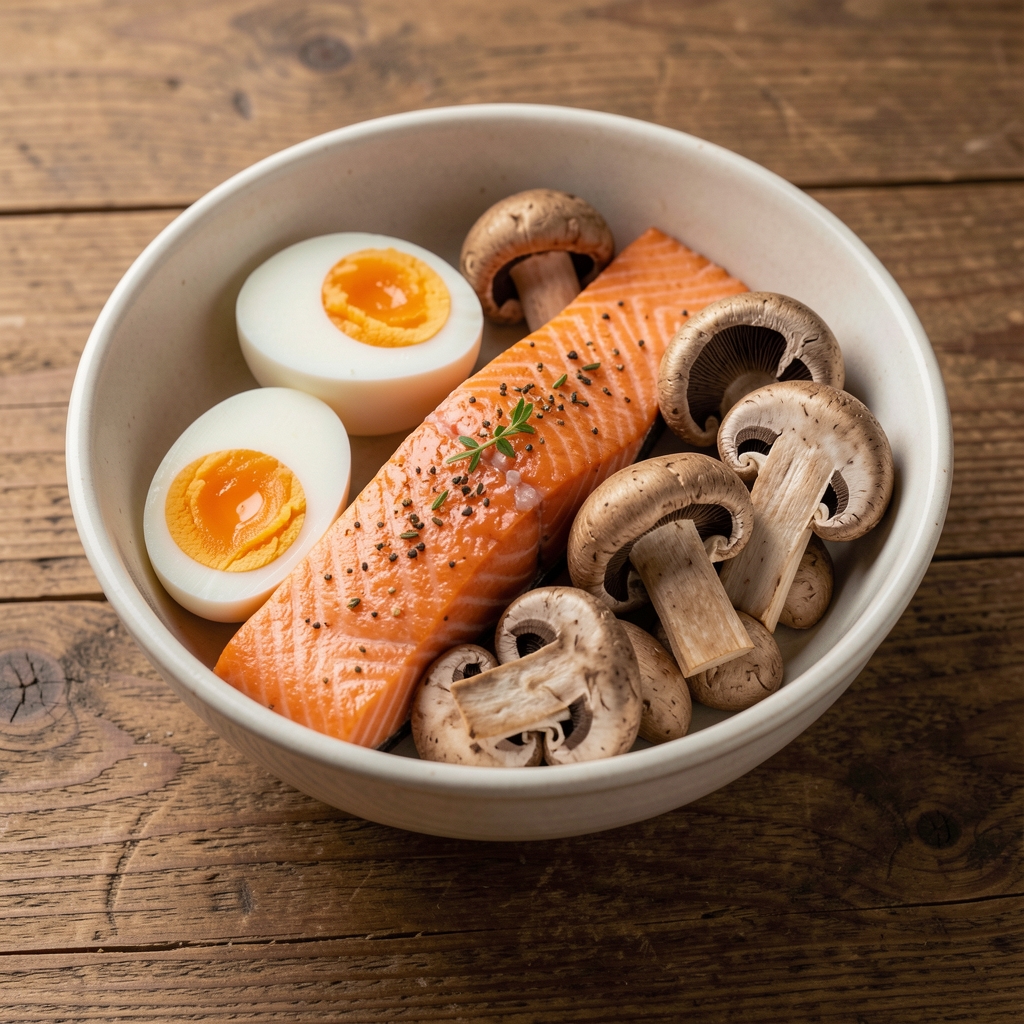 Bowl of vitamin D rich foods including salmon, eggs and mushrooms on a wooden table — Brelvan editorial
